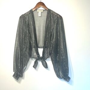 Saints & Hearts black silver metallic sheer tie up top blouse, balloon s…